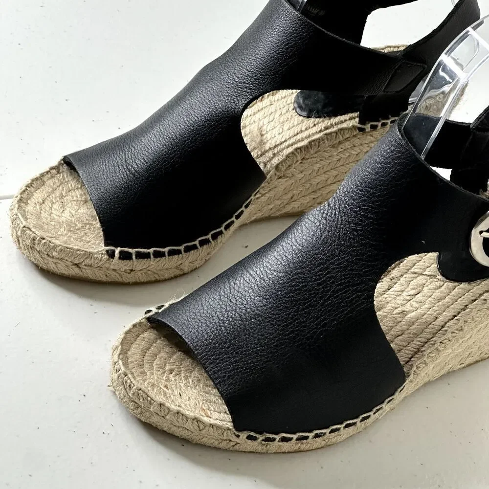 Via Spiga Nolan Black Leather Espadrille Wedge Sandal Women's Sz 8M $249MSRP